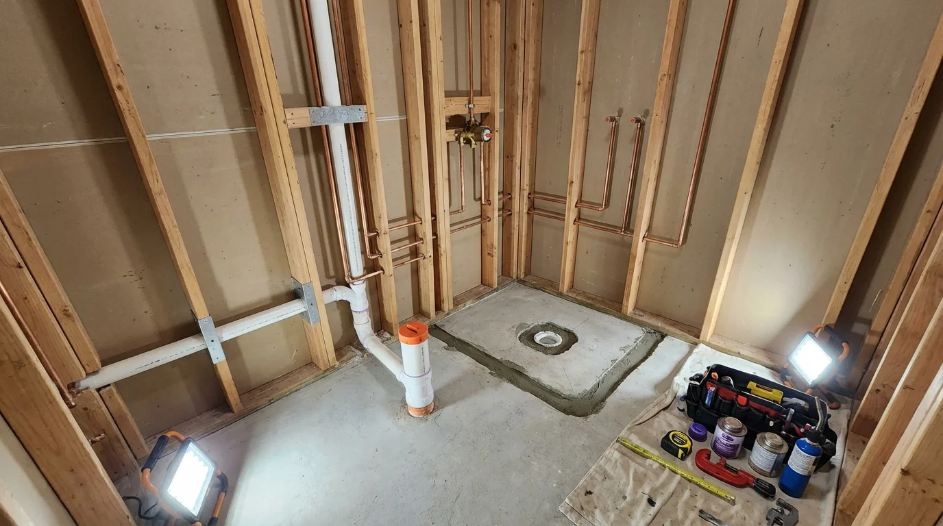 Bathroom rough-in plumbing during remodel by Johns Plumbing LLC in La Salle