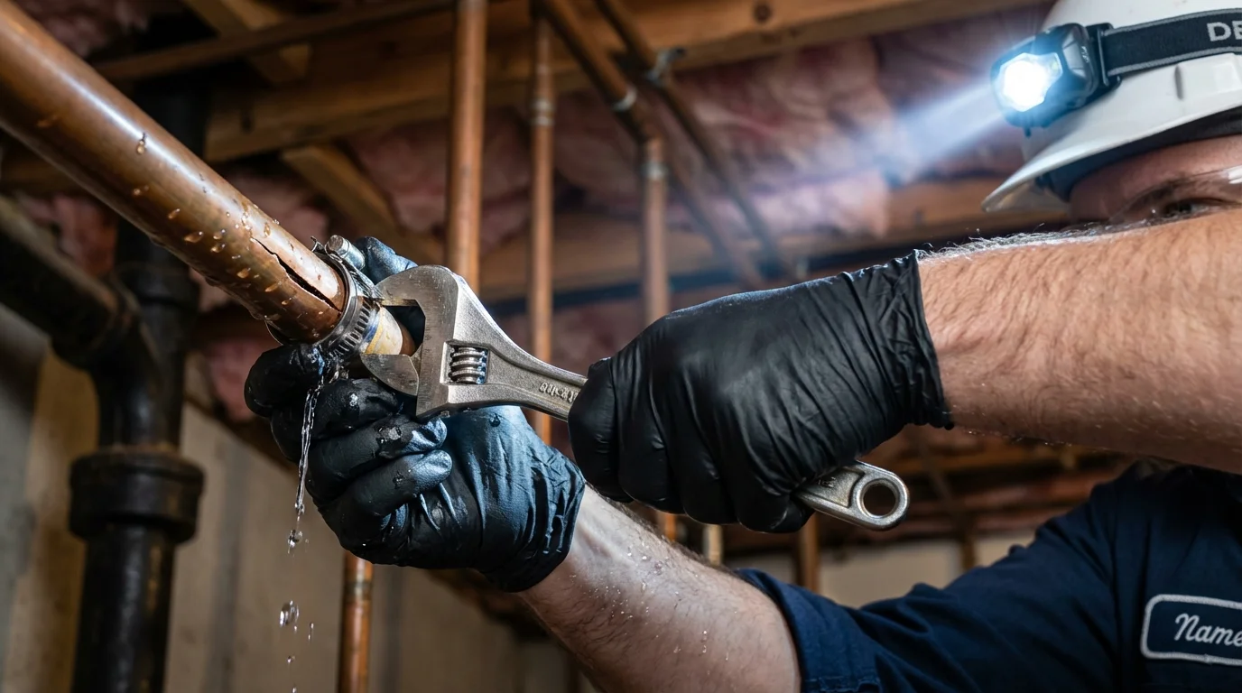 Emergency pipe clamp repair being performed by a Johns Plumbing LLC plumber in La Salle
