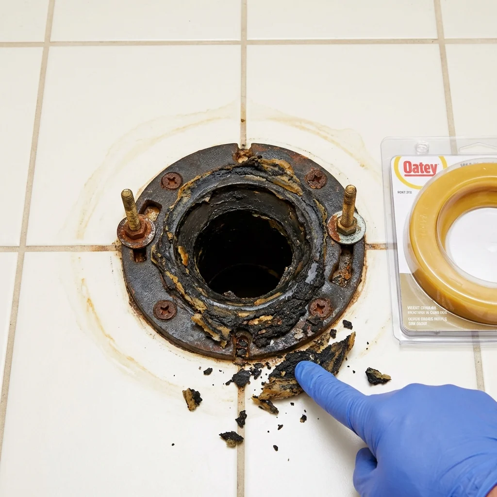 Failed wax ring showing water seepage at the base of a toilet in a La Salle, CO home
