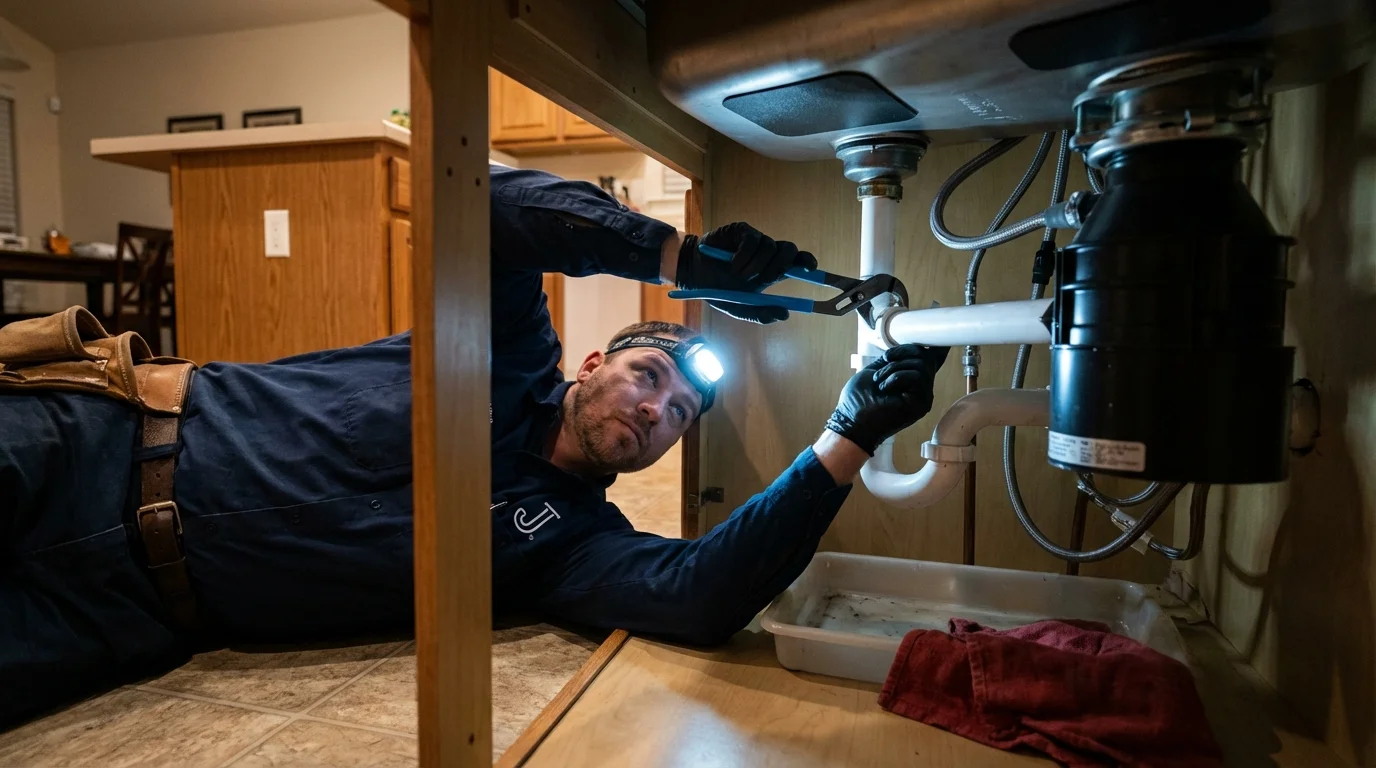 P-trap and supply line connections under a kitchen sink showing a common leak point in La Salle, CO